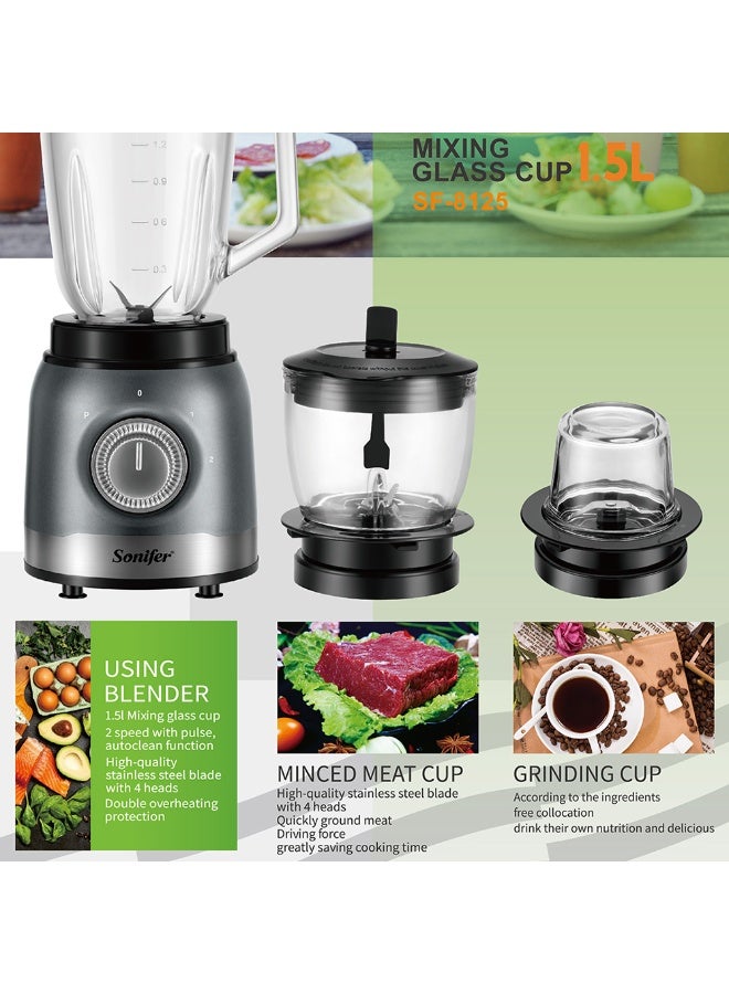 Sonifer 3-in-1 Blender 500W with 1.5L Glass Jar, Dry Grinder and Chopper, Stainless Steel Blades, Multi-Speed Control, Food Processor for Smoothies, Juices, Spices, Coffee, Nuts and Everyday Kitchen Use - Image 4