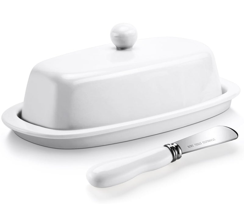 Yedio Ceramic Butter Dish with Lid and Knife for Countertop Refrigerator, 8 Inch White Butter Holder with Porcelain Cover Knob Handle for East West Coast Butter Stick - Image 1