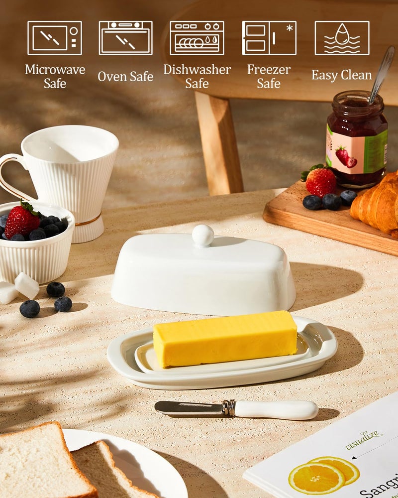 Yedio Ceramic Butter Dish with Lid and Knife for Countertop Refrigerator, 8 Inch White Butter Holder with Porcelain Cover Knob Handle for East West Coast Butter Stick - Image 4