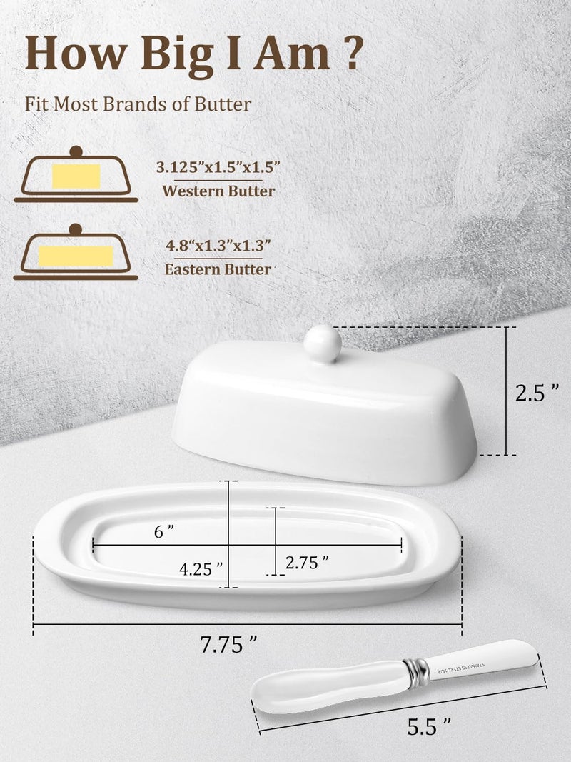 Yedio Ceramic Butter Dish with Lid and Knife for Countertop Refrigerator, 8 Inch White Butter Holder with Porcelain Cover Knob Handle for East West Coast Butter Stick - Image 2