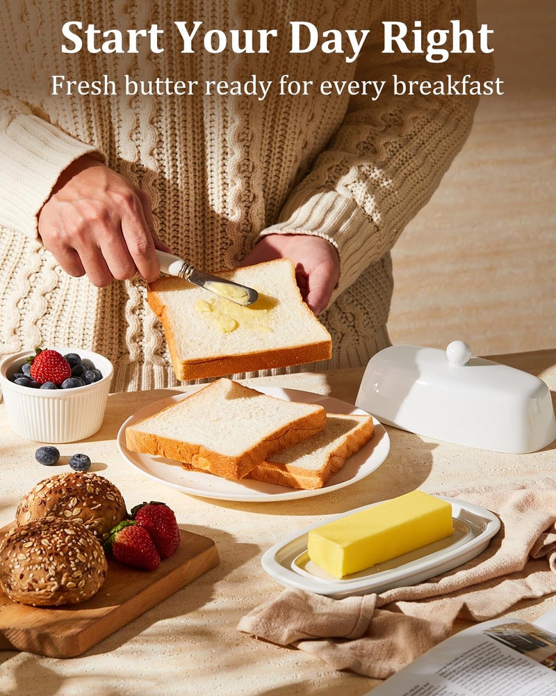 Yedio Ceramic Butter Dish with Lid and Knife for Countertop Refrigerator, 8 Inch White Butter Holder with Porcelain Cover Knob Handle for East West Coast Butter Stick - Image 3