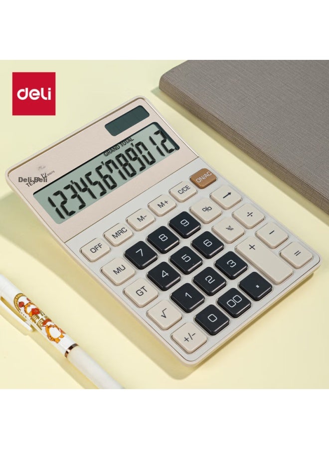 Deli Metal Panel Desktop Calculator, Dual Power Slim And Lightweight Body, Modern Office Style, 12-digit Large Screen Display, Te309 Light Yellow - Image 1