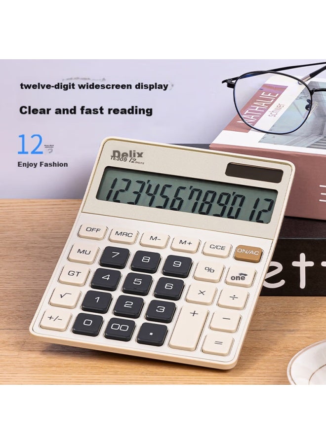 Deli Metal Panel Desktop Calculator, Dual Power Slim And Lightweight Body, Modern Office Style, 12-digit Large Screen Display, Te309 Light Yellow - Image 2