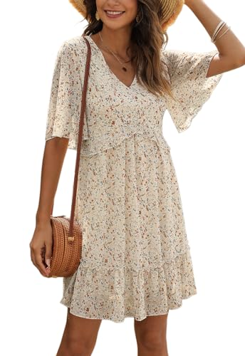 Manydress Women's Summer Floral Print V Neck Casual Mini Boho Ruffle Swing Dress MY068 (Beige Print, Small) - Image 1
