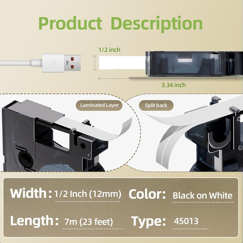 لايبل كينجدوم ملصقات بديلة متوافقة لشريط ملصقات Dymo D1 القابل لإعادة التعبئة 45013 S0720530، شريط أسود على أبيض بطول 23 قدمًا و1/2 بوصة لصانع ملصقات Dymo Labelmanager 160 210D 260P 450D، عبوة من 4 قطع - Image 2