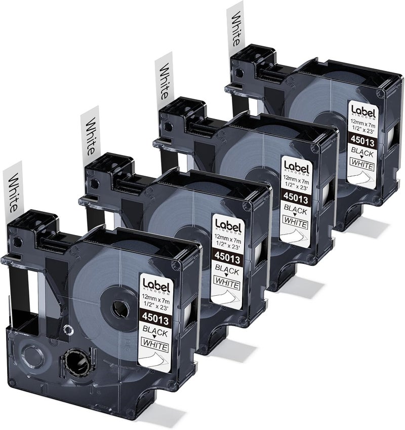 لايبل كينجدوم ملصقات بديلة متوافقة لشريط ملصقات Dymo D1 القابل لإعادة التعبئة 45013 S0720530، شريط أسود على أبيض بطول 23 قدمًا و1/2 بوصة لصانع ملصقات Dymo Labelmanager 160 210D 260P 450D، عبوة من 4 قطع - Image 1