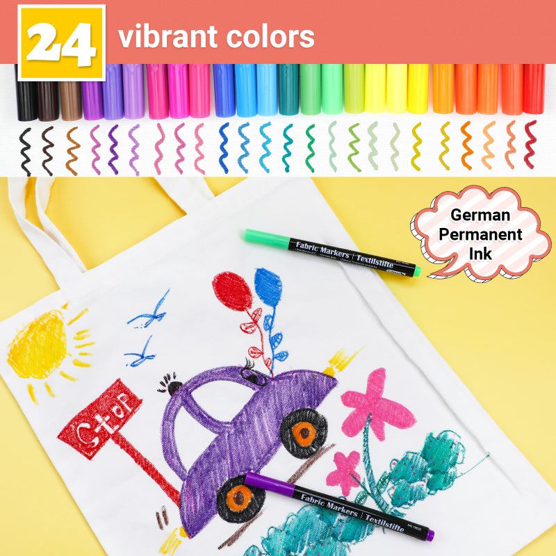 JR.WHITE Fabric Markers Permanent for T Shirts Clothes Onesies Bibs White Pillow Canvas Tote Bags Clothing - No Bleed - Fine Tip - Child Safe & Non Toxic Fabric Paint Pens Set of 24 Colors - Image 2