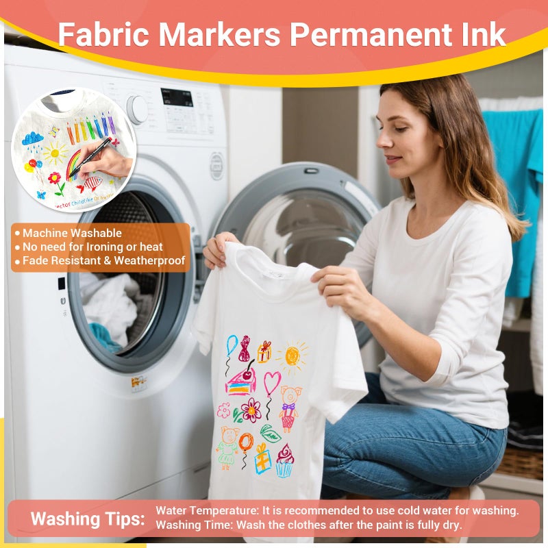 JR.WHITE Fabric Markers Permanent for T Shirts Clothes Onesies Bibs White Pillow Canvas Tote Bags Clothing - No Bleed - Fine Tip - Child Safe & Non Toxic Fabric Paint Pens Set of 24 Colors - Image 4