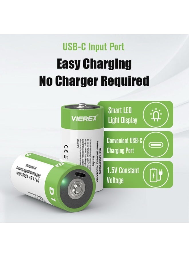 Vierex بطارية ليثيوم قابلة لإعادة الشحن عبر USB D1 1.5V 9500mWh خلية عالية السعة - Image 4