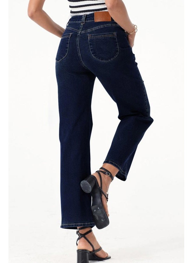 Sidefeel Women's Wide Leg Jeans High Waisted Stretchy Jeans Straight Leg Zimbaplatinum Ankle Denim Pants with Slant Pockets, Navy Blue, 2 - Image 4