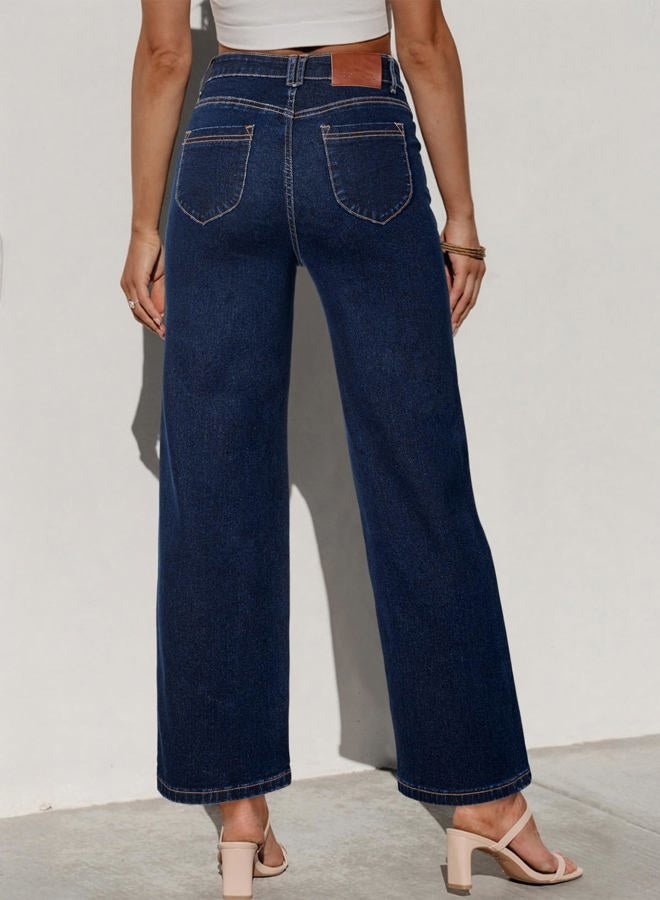 Sidefeel Women's Wide Leg Jeans High Waisted Stretchy Jeans Straight Leg Zimbaplatinum Ankle Denim Pants with Slant Pockets, Navy Blue, 2 - Image 2