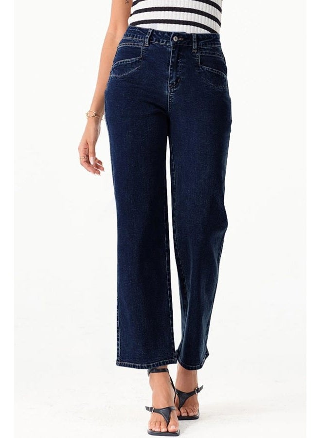 Sidefeel Women's Wide Leg Jeans High Waisted Stretchy Jeans Straight Leg Zimbaplatinum Ankle Denim Pants with Slant Pockets, Navy Blue, 2 - Image 3