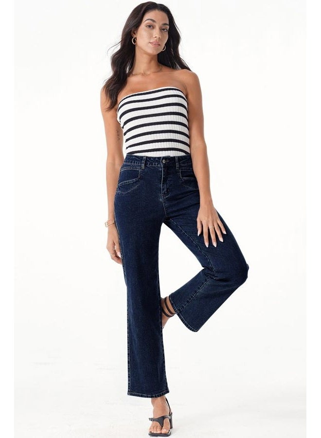 Sidefeel Women's Wide Leg Jeans High Waisted Stretchy Jeans Straight Leg Zimbaplatinum Ankle Denim Pants with Slant Pockets, Navy Blue, 2 - Image 5