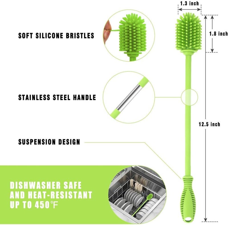 ddLUCK Baby Bottle Cleaning Brush with Long Handle, 31cm/12.5" Silicone Water Bottles Cleaner Brushes for Hydro Flask, Sports Bottle, Vase, Glass Cup (Green, Qty 1) - Image 4