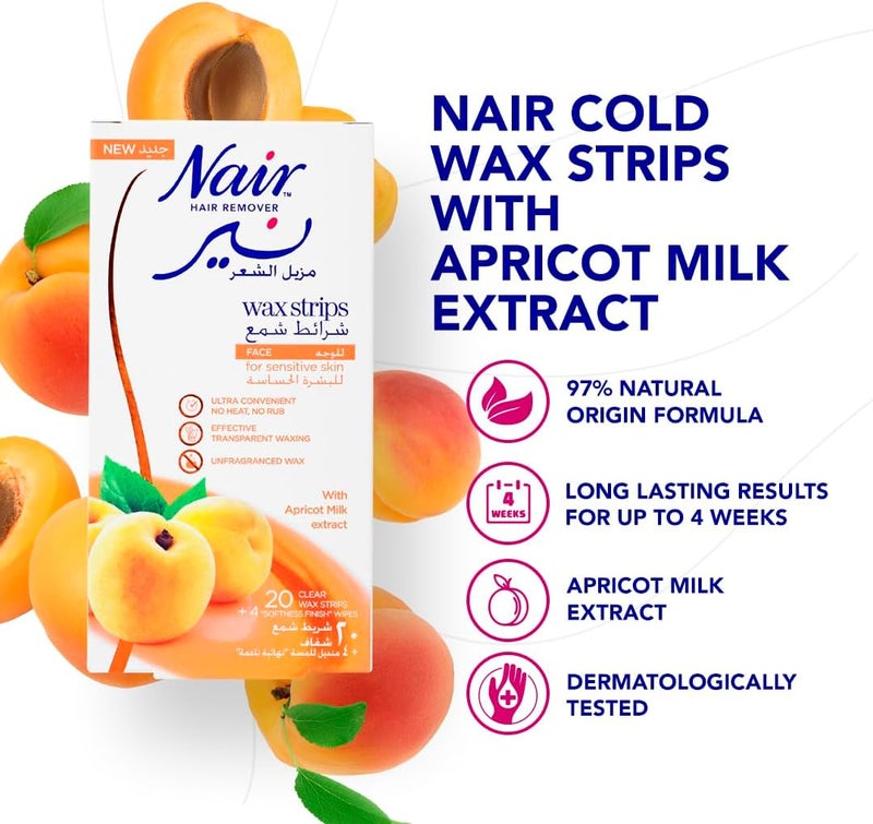 Nair Hair Removal Face Wax Strips with Apricot Milk - 20 Strips + 4 Post Wax Wipes - Image 2