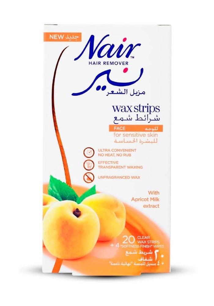 Nair Hair Removal Face Wax Strips with Apricot Milk - 20 Strips + 4 Post Wax Wipes - Image 1