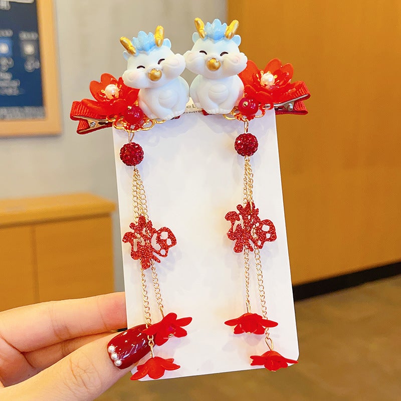 Generic Kids Chinese New Year Dragon Tassel Hair Clips Dragon treasure