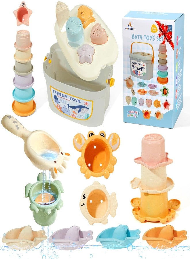 AMCHSURI Baby Bath Toys, 21PCS | Easy Clean & Mold Free Bath Toys for Babies 6-12 Months | Educational Shape-Sorting Lid & Baby Stacking Cups | Tub Water Pool Beach Toy for Baby Gift with Portable Storage Bin - Image 1