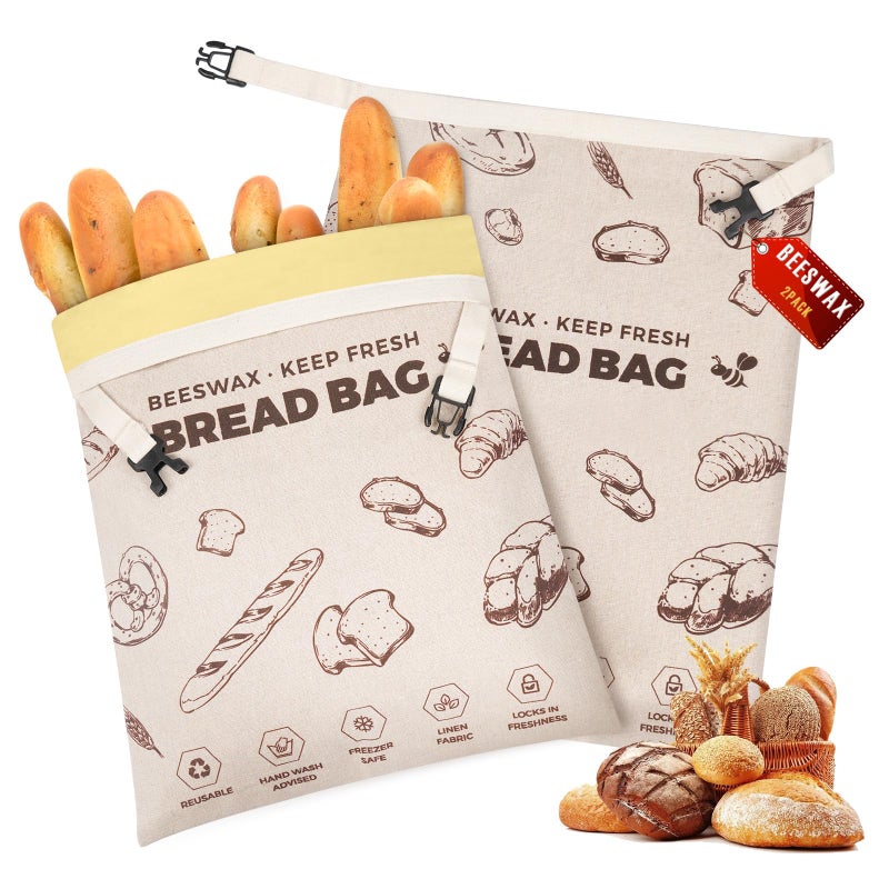 ‎YARRAMATE YARRAMATE Beeswax Bread Bags for Homemade Sourdough, Reusable Linen Food Storage Bags to Keep Loaf Fresh, Large Freezer Safe and Eco Friendly Bread Containers (17x13", 2 Pack) - Image 1