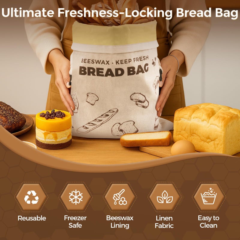 ‎YARRAMATE YARRAMATE Beeswax Bread Bags for Homemade Sourdough, Reusable Linen Food Storage Bags to Keep Loaf Fresh, Large Freezer Safe and Eco Friendly Bread Containers (17x13", 2 Pack) - Image 3