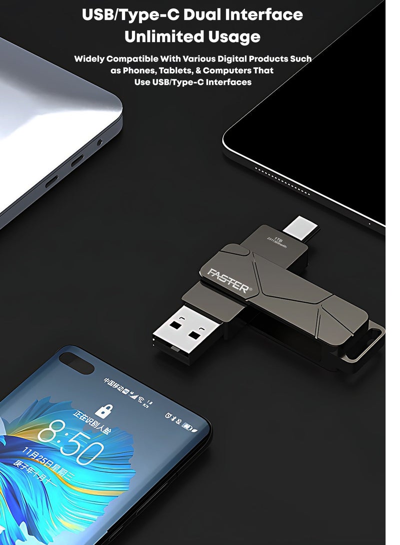 فاستر محرك أقراص فلاش مزدوج USB-C بسعة 512 جيجابايت وسرعة 120 ميجابايت/ثانية - ذاكرة USB 3.2 تدعم تقنية OTG ومزودة بمنفذي USB-C وUSB-A - ذاكرة فلاش معدنية بتصميم دوار متوافقة مع iPhone وiPad وأجهزة Android وMacBook وأجهزة الكمبيوتر (Windows) وأجهزة اللابتوب والأجهزة اللوحية - محرك أقراص USB سريع ومتعدد الاستخدامات (2 في 1). - Image 2