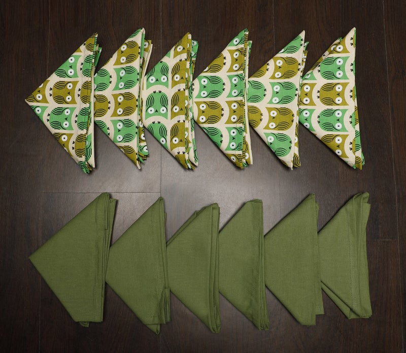 Dekor World Owl Plain Printed Green Napkin Set (Pack of 12) - Image 1