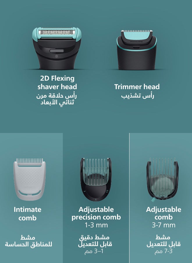 Philips Body Groomer Bg7470/15 | Trim & Shave Body Hair And Sensitive Areas | Wet & Dry | Flexible Head Follows Body | Smooth, Skin-Friendly Results | Combs 1–3 & 3–7 Mm | Up To 120 Min Cordless black/BG7470/15 - Image 4