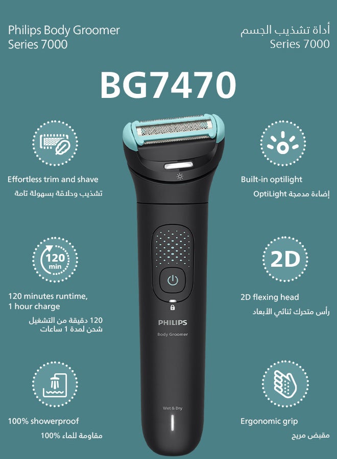 Philips Body Groomer Bg7470/15 | Trim & Shave Body Hair And Sensitive Areas | Wet & Dry | Flexible Head Follows Body | Smooth, Skin-Friendly Results | Combs 1–3 & 3–7 Mm | Up To 120 Min Cordless black/BG7470/15 - Image 2
