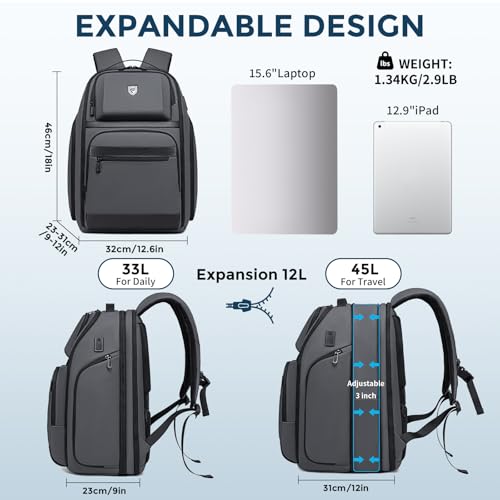 Fenree.geer Fenreegeer Grey Business Backpack for Men Fits 17 Inch Laptop Water Resistant 45L Travel Bag with USB Charging Port Expandable Mens Backpack for WorkCollegeCommuter - Image 3