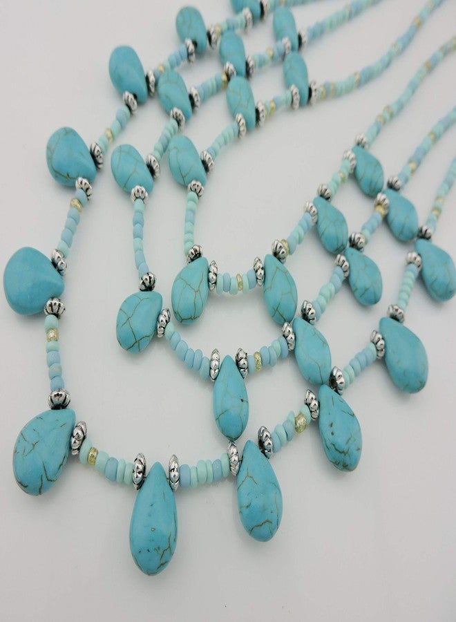Coiris Statement Simulated Turquoise Beads 3 Strand Necklace Set for Women with Earrings (N0043) - Image 3