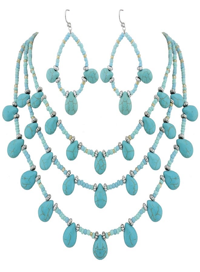 Coiris Statement Simulated Turquoise Beads 3 Strand Necklace Set for Women with Earrings (N0043) - Image 1