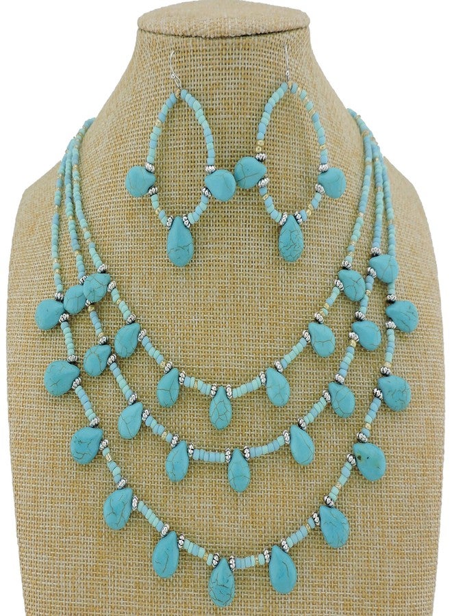 Coiris Statement Simulated Turquoise Beads 3 Strand Necklace Set for Women with Earrings (N0043) - Image 2