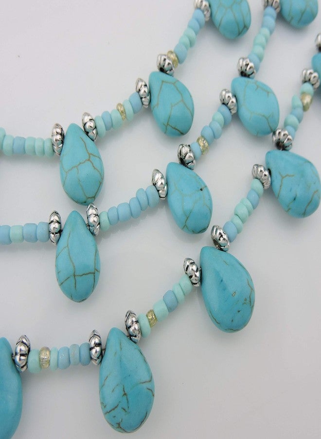 Coiris Statement Simulated Turquoise Beads 3 Strand Necklace Set for Women with Earrings (N0043) - Image 4