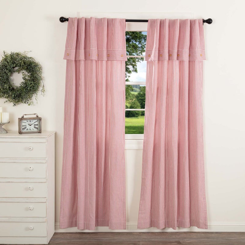 Farmhouse Ticking Stripe Red Panel Curtains Set of 2 84 Long Attached Valance wButton Accents