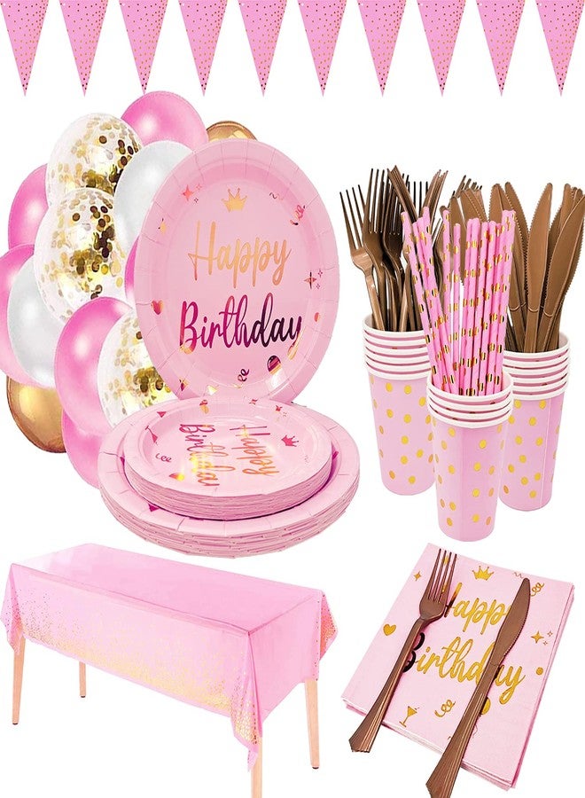 U/D Pink Birthday Party Supplies - Pink Paper Plates, Cups, Napkins Set for Girls' Birthday Party Decorations, Serves 16 - Image 1