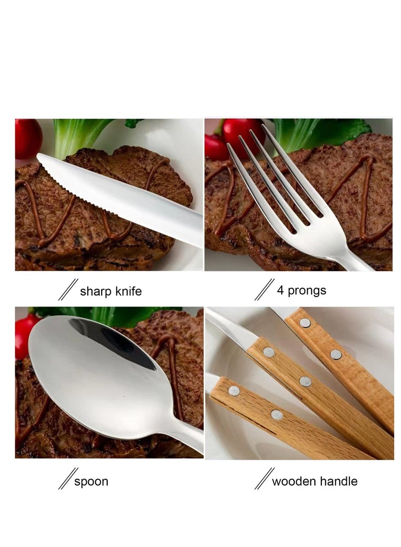 SYOSI Cutlery Sets, Set of 4 Stainless Steel Kitchen Tableware, Wooden Handle Knife and Fork Sets, Portable Reusable Cutlery Set, Travel Cutlery Set, Picnic Cutlery - Image 3