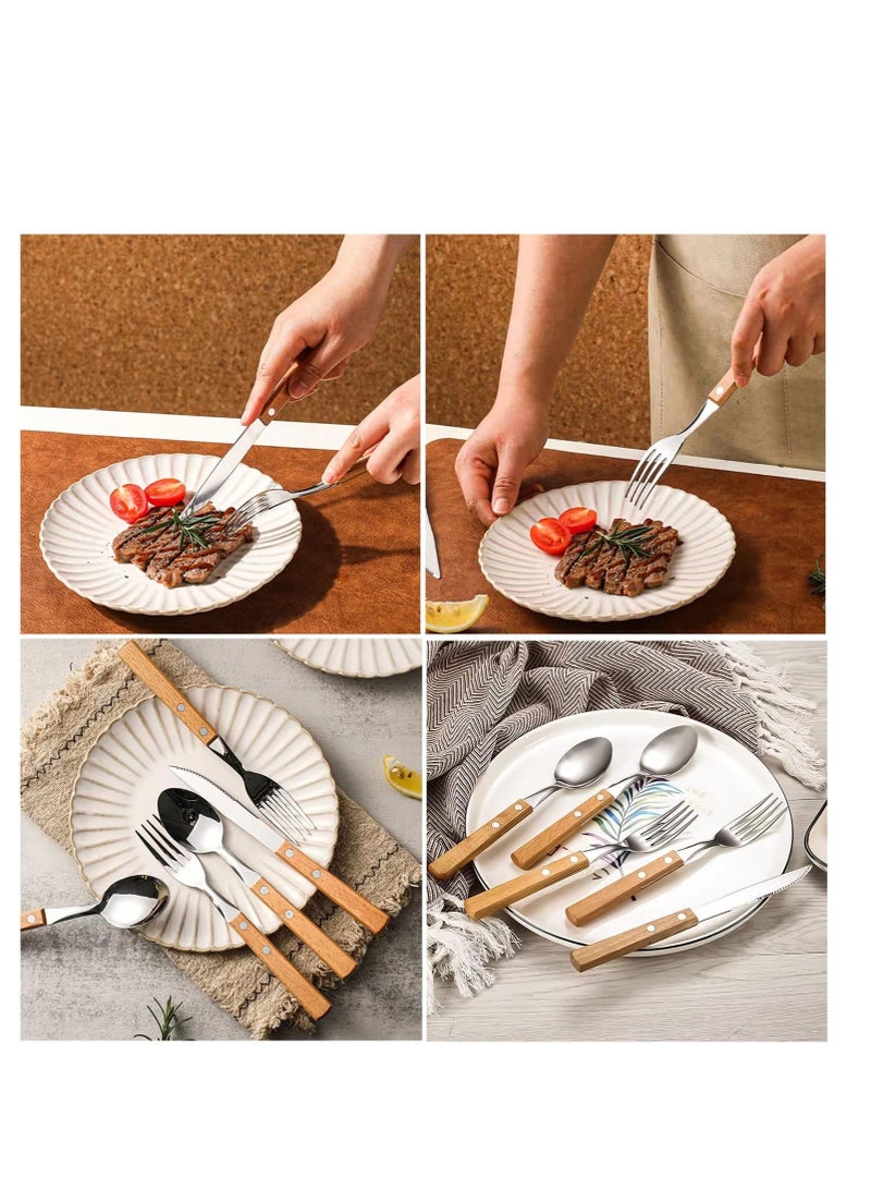 SYOSI Cutlery Sets, Set of 4 Stainless Steel Kitchen Tableware, Wooden Handle Knife and Fork Sets, Portable Reusable Cutlery Set, Travel Cutlery Set, Picnic Cutlery - Image 5