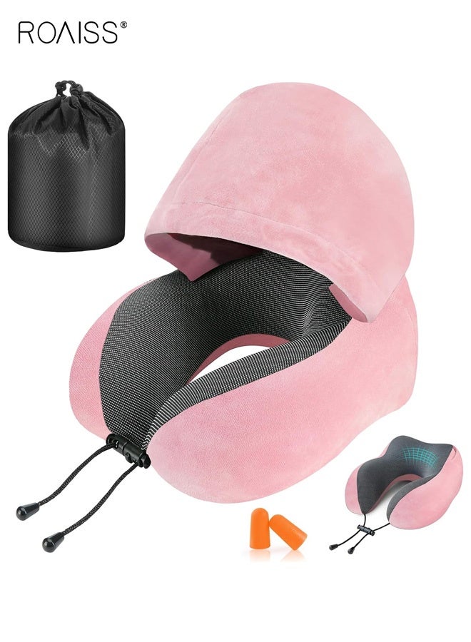 roaiss Travel Pillow Neck Pillow for Travel with Hood for Airplane Neck Pillow Adult Head Neck Support for Long Flights Plane Office Cars Sleeping Rest Includes Eye Mask, Earplugs, And a Black Drawstring Bag Pink - Image 1