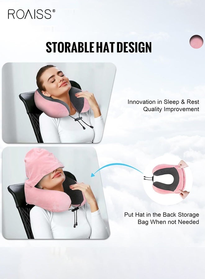 roaiss Travel Pillow Neck Pillow for Travel with Hood for Airplane Neck Pillow Adult Head Neck Support for Long Flights Plane Office Cars Sleeping Rest Includes Eye Mask, Earplugs, And a Black Drawstring Bag Pink - Image 3