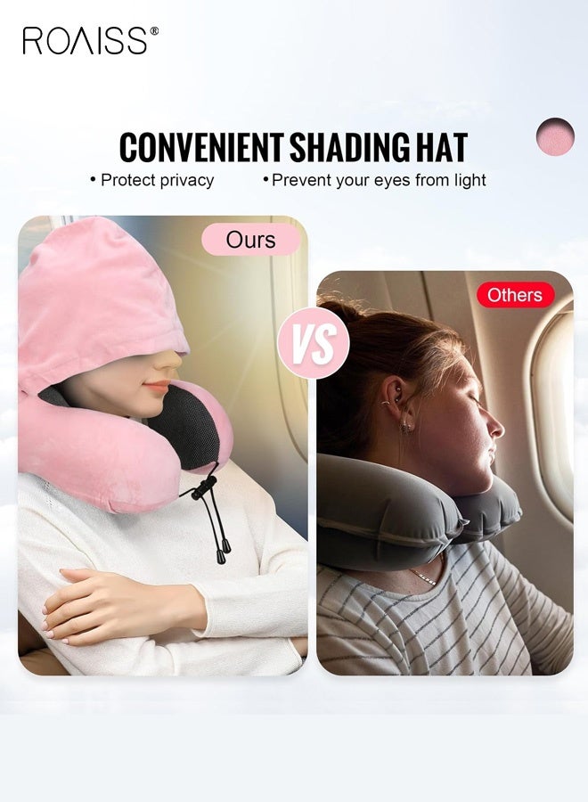 roaiss Travel Pillow Neck Pillow for Travel with Hood for Airplane Neck Pillow Adult Head Neck Support for Long Flights Plane Office Cars Sleeping Rest Includes Eye Mask, Earplugs, And a Black Drawstring Bag Pink - Image 2