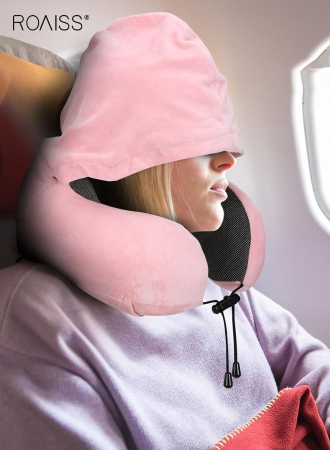 roaiss Travel Pillow Neck Pillow for Travel with Hood for Airplane Neck Pillow Adult Head Neck Support for Long Flights Plane Office Cars Sleeping Rest Includes Eye Mask, Earplugs, And a Black Drawstring Bag Pink - Image 4