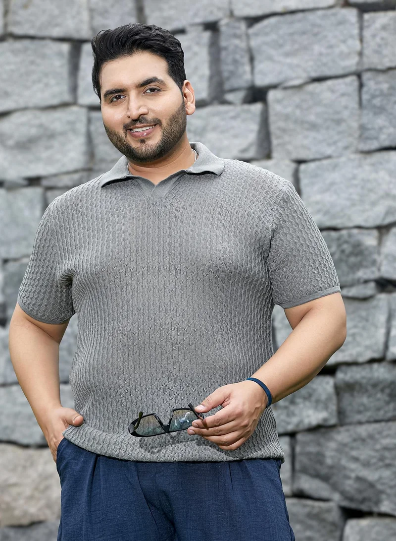 Instafab Plus Instafab Plus Men's Coin Grey Swirl-Textured Polo T-Shirt | Polo Neck , Short Cuffed Sleeves , Pull On Closure , Straight Hemline | Solid Textured Cotton-Blend Material For Street & Casual Wear