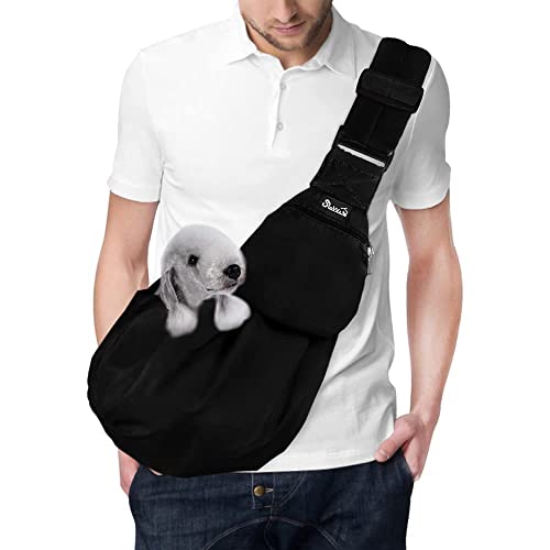 Lukovee Pet Sling Hand Free Dog Sling Carrier Adjustable Padded Strap Tote Bag Breathable Cotton Shoulder Bag Front Pocket Safety Belt Carrying Small Dog Cat Puppy Machine Washable Black L - Image 1