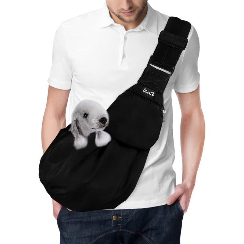 Lukovee Pet Sling Hand Free Dog Sling Carrier Adjustable Padded Strap Tote Bag Breathable Cotton Shoulder Bag Front Pocket Safety Belt Carrying Small Dog Cat Puppy Machine Washable Black L - Image 2