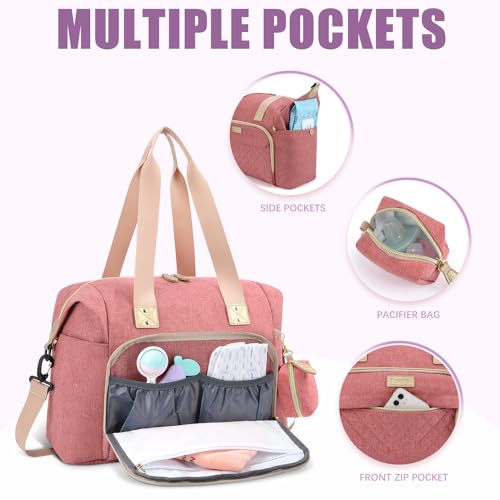 Tuwubi Diaper Bag Tote,Baby Diaper Bag with Pacifier Case Large Travel Diaper Tote Caddy for Mom and Dad Multifunction Large Baby Bag - M-Pink - Image 2