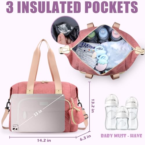 Tuwubi Diaper Bag Tote,Baby Diaper Bag with Pacifier Case Large Travel Diaper Tote Caddy for Mom and Dad Multifunction Large Baby Bag - M-Pink - Image 4