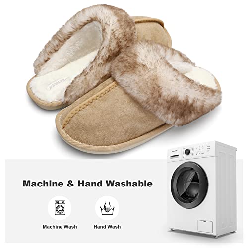 Besroad Indoor Outdoor Furry Faux Fur Winter Warm House Slippers Soft Flat Slide Slippers for Women Brown 6-7 - Image 4