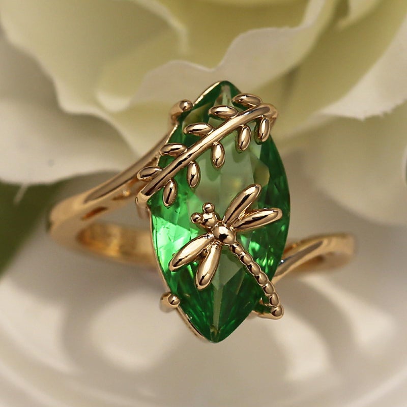 Htayekog 925 Sterling Silver Ring for Women Dragonfly Olive Green Ring Olive Cubic Zirconia Crystal Dragonfly Ring,14K Yellow Gold Dainty Eye Shape Green Gemstone Cocktail Party Statement Ring for Women (7) - Image 5