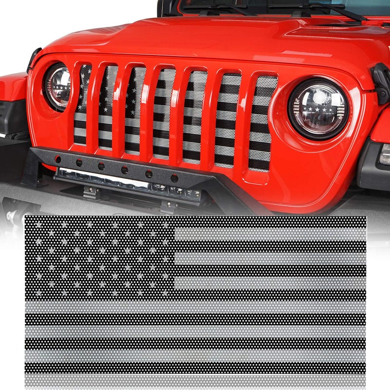 Hooke Road Front Mesh Grill Insert for Jeep Gladiator JT/Jeep Wrangler JL 2018 2019 2020 2021 2022 2023 2024 2025 - Faded White & Black US Flag