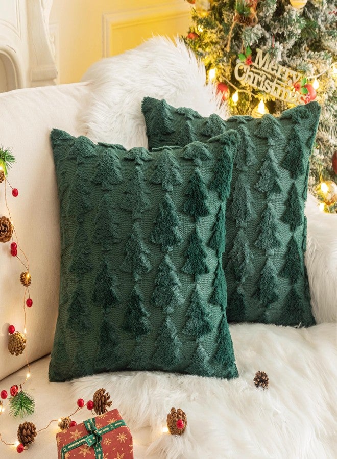 AQOTHES Set of 2 Christmas Tree Throw Pillow Covers 20x20 Inch, Soft Faux Fur Green Decorative Xmas Throw Pillows for Couch Sofa Holiday Winter Decor - Image 1